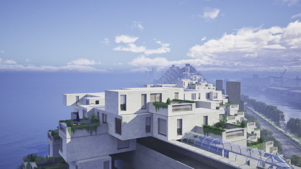 Moderne betonarkitekturkompleks ved vandet