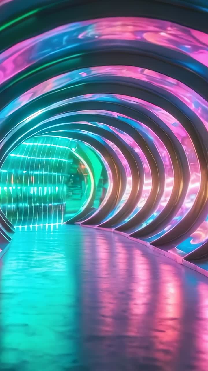 Vertical video: Walking casually-dressed person exploring neon arches in gallery, lights activating