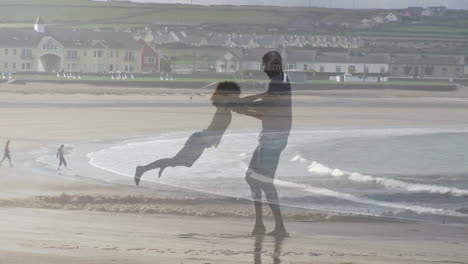man swinging daughter on sandy beach, showcasing family health with animated heart icon and chart