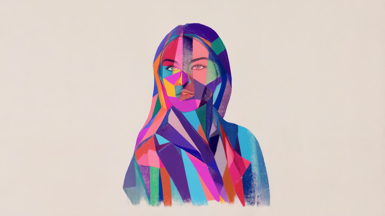 Abstract Geometric Illustration of a Woman's Face Filling with Color