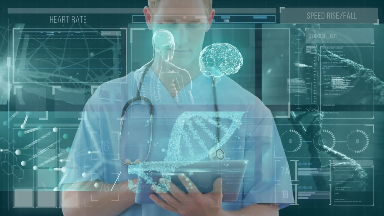 Digital interface with medical data processing against male health worker using digital tablet