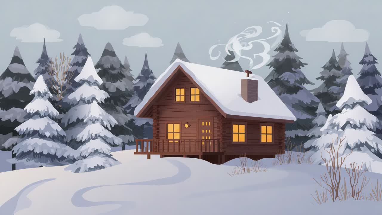 Camera moving closer, framing wooden log cabin in snowy forest clearing, revealing warm lit windows