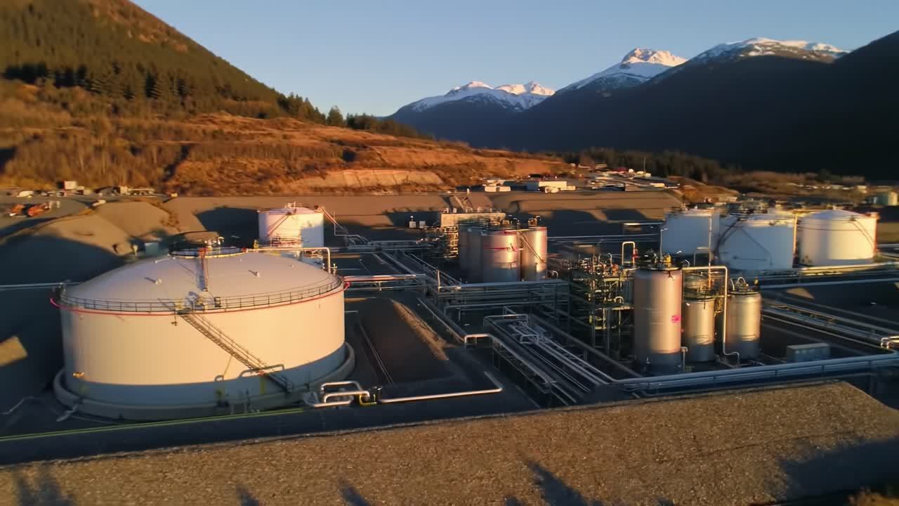 Aerial View of Industrial Fuel Storage Facility Surrounded by Mountains during Golden Hour, Showcasing Tanks and Infrastructure for Energy Production