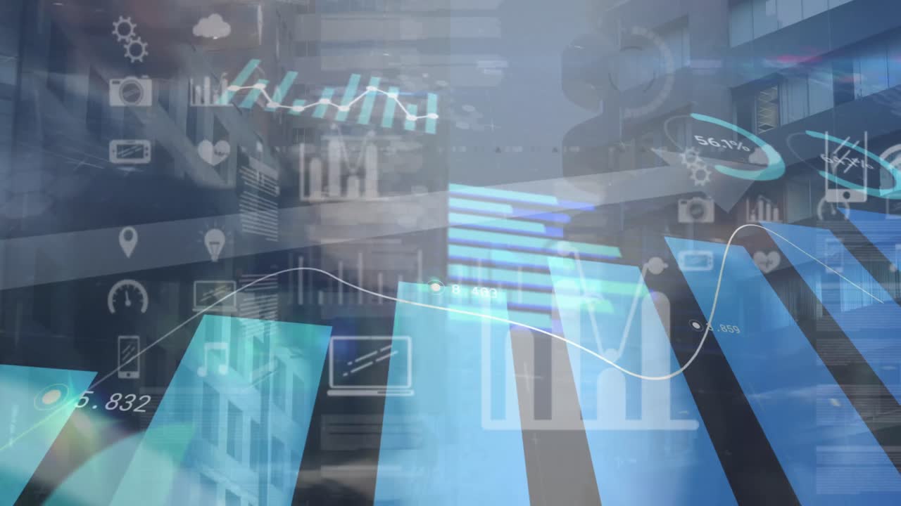 Digital composition of financial data processing against business people walking in background