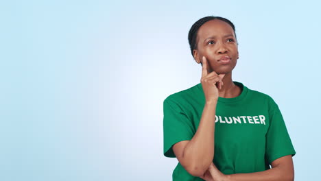 Woman-thinking,-volunteer-and-pointing-to-space