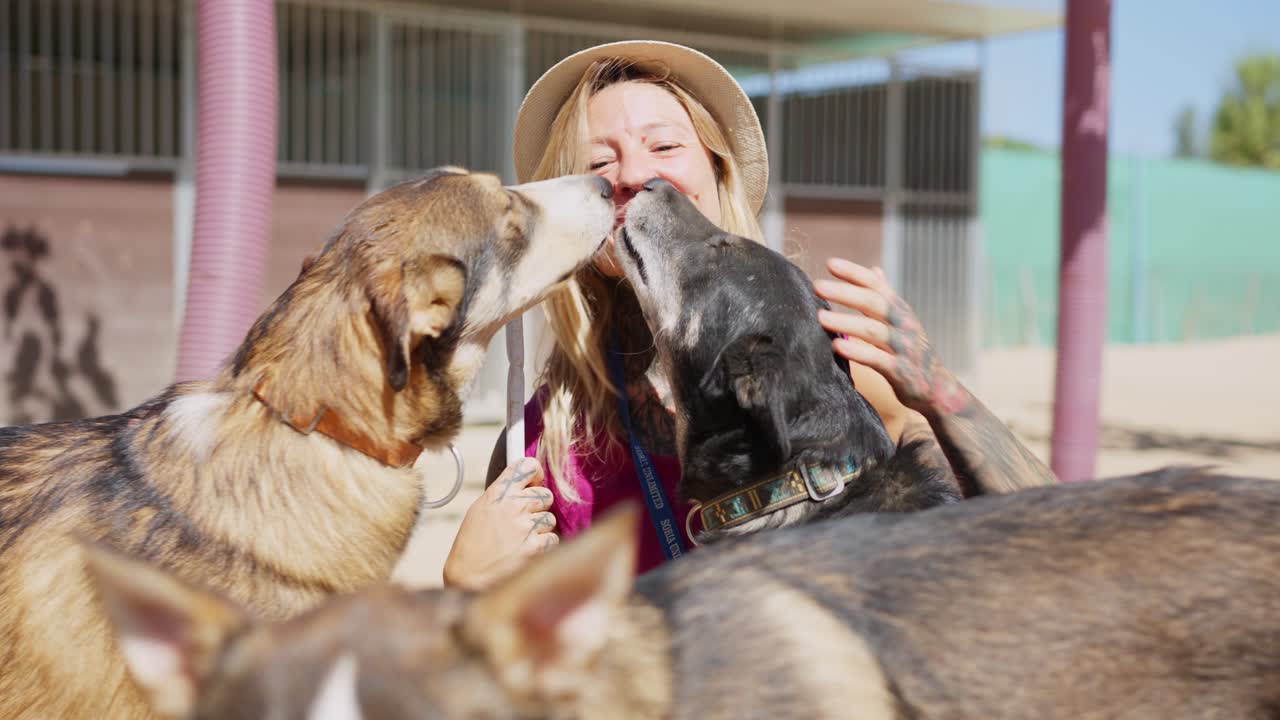Donna felice con cani in un canile