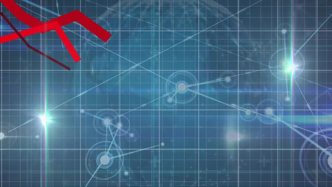 전 세계를 가로질러 움직이는 빨간색 그래프의 애니메이션과 연결 및 빛의 네트워크.