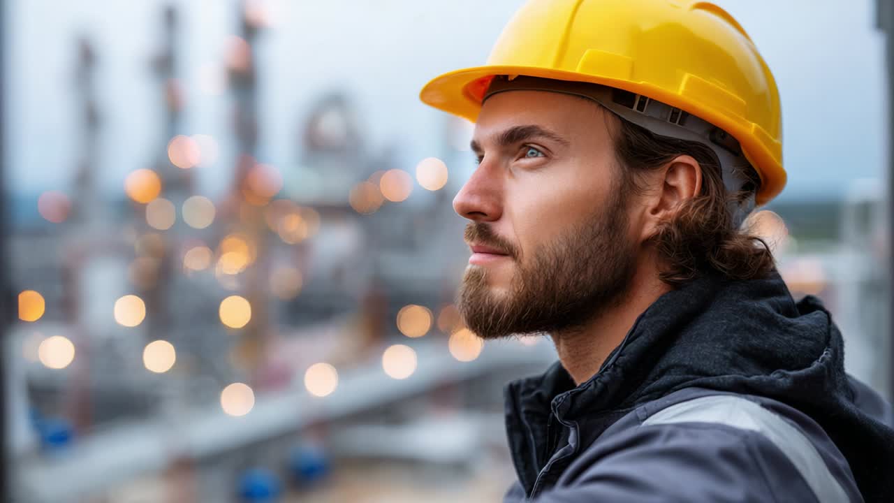 A contemplative construction worker wears a hard hat while gazing thoughtfully into the distance amidst a backdrop of industrial infrastructure and blurred lights, reflecting on his responsibilities and environment