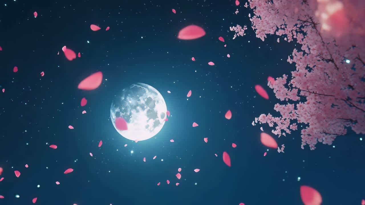A serene video scene with a low-angle view of a full moon, cherry blossoms, and falling petals