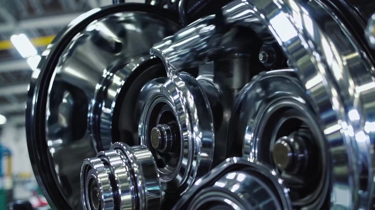 Close-up of Industrial Metal Parts Rotating in Factory