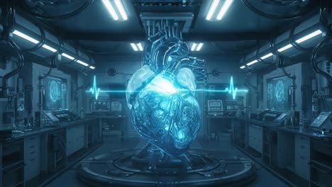 A Stunning Visual of a Sci-Fi Heart Surrounded by Advanced Technology in a High-Tech Laboratory, Merging Organic and Mechanical Elements with a Heartbeat Monitor