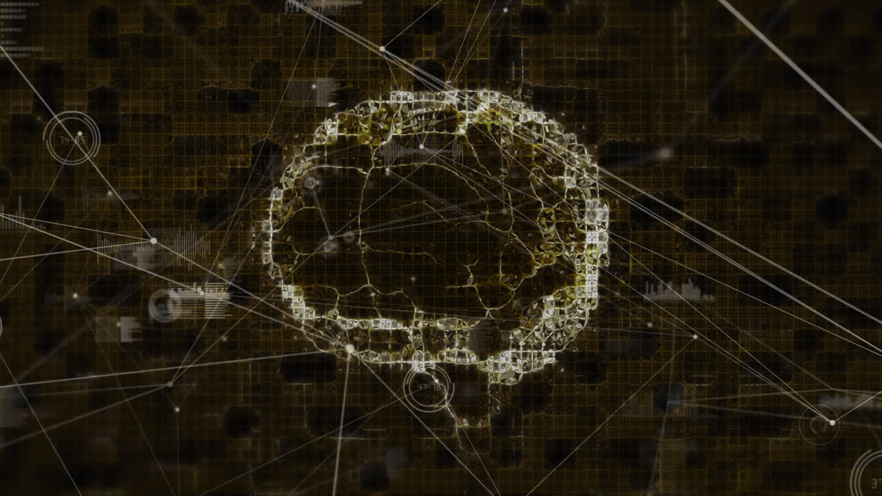 Animation of connected dots, graph and soundwaves icons against digital brain on abstract background