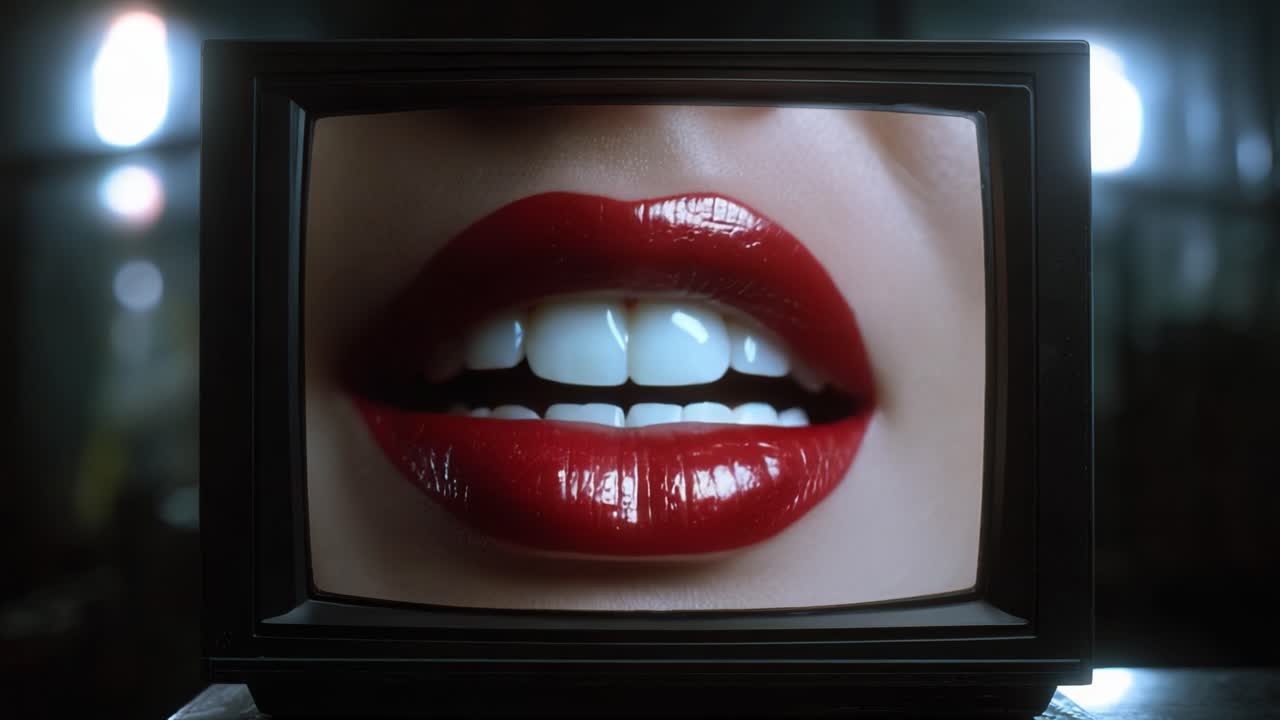 Primo Piano Accattivante di Labbra Rosse Lucide Visualizzate su un Televisore Vintage, Sottolineando la Sensualità e l'Estetica Retrò in un Contesto Drammatico.