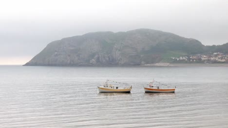 Pair-of-tourist-boats-waiting-offshore-under-misty-Welsh-island-coastline-close-up
