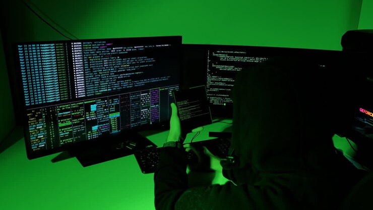 Figura incappucciata decripta codice digitale usando uno schermo pieghevole in una stanza illuminata di verde