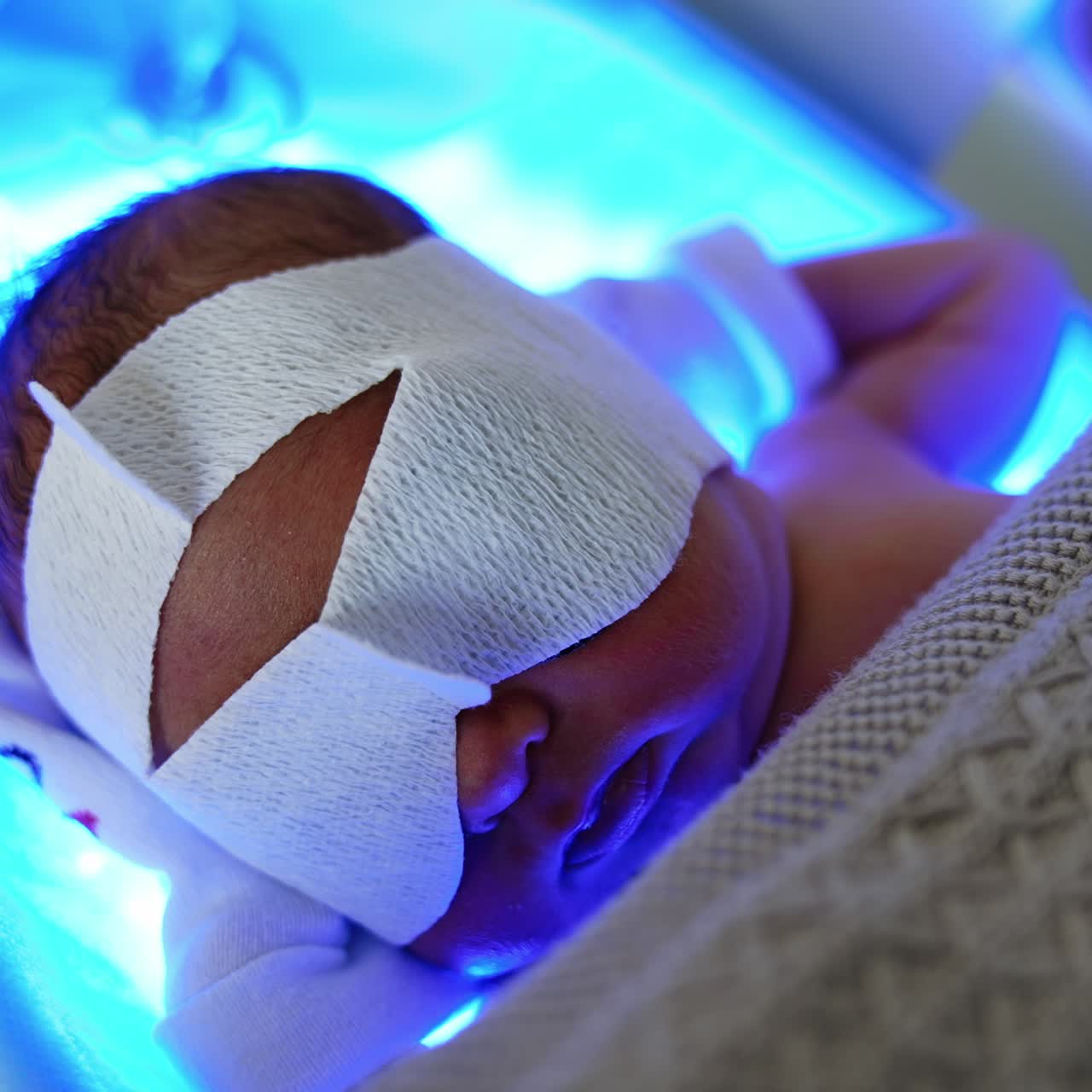 Lovely infant having the phototherapy. Little newborn lies on a lamp in his crib covered with blanket. Top vie close up