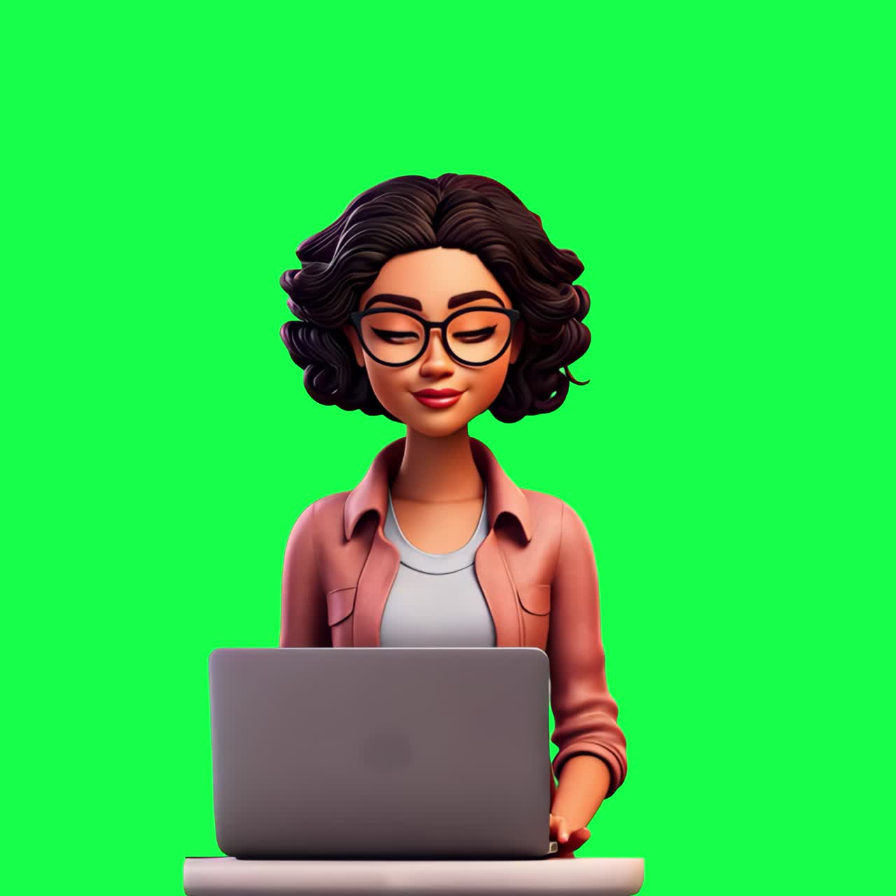 Animated woman using laptop animation, transparent 4K video, green screen