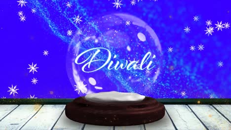 Animation-of-diwali-text-in-snow-globe-with-shooting-star-and-snow-falling