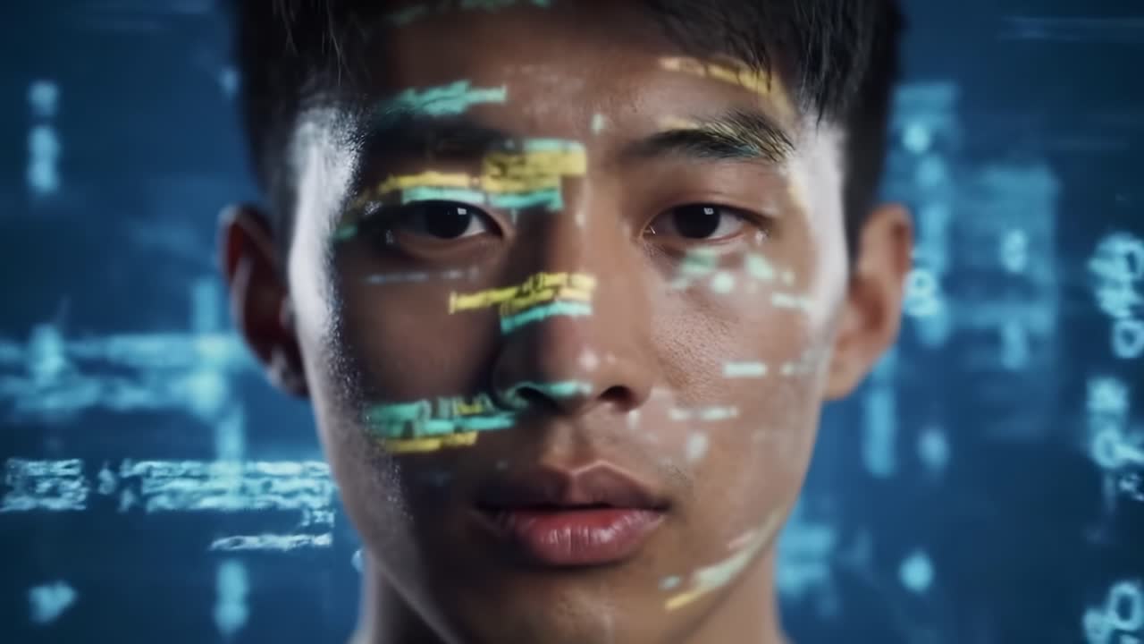 A Deep Dive into the World of Technology: Close-Up of a Young Individual's Face Illuminated by Futuristic Code Overlays, Symbolizing Innovation and Digital Transformation
