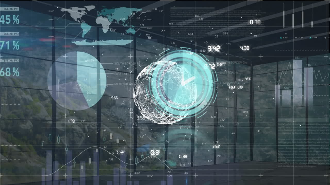 Animation of financial data and graphs over globe with connections