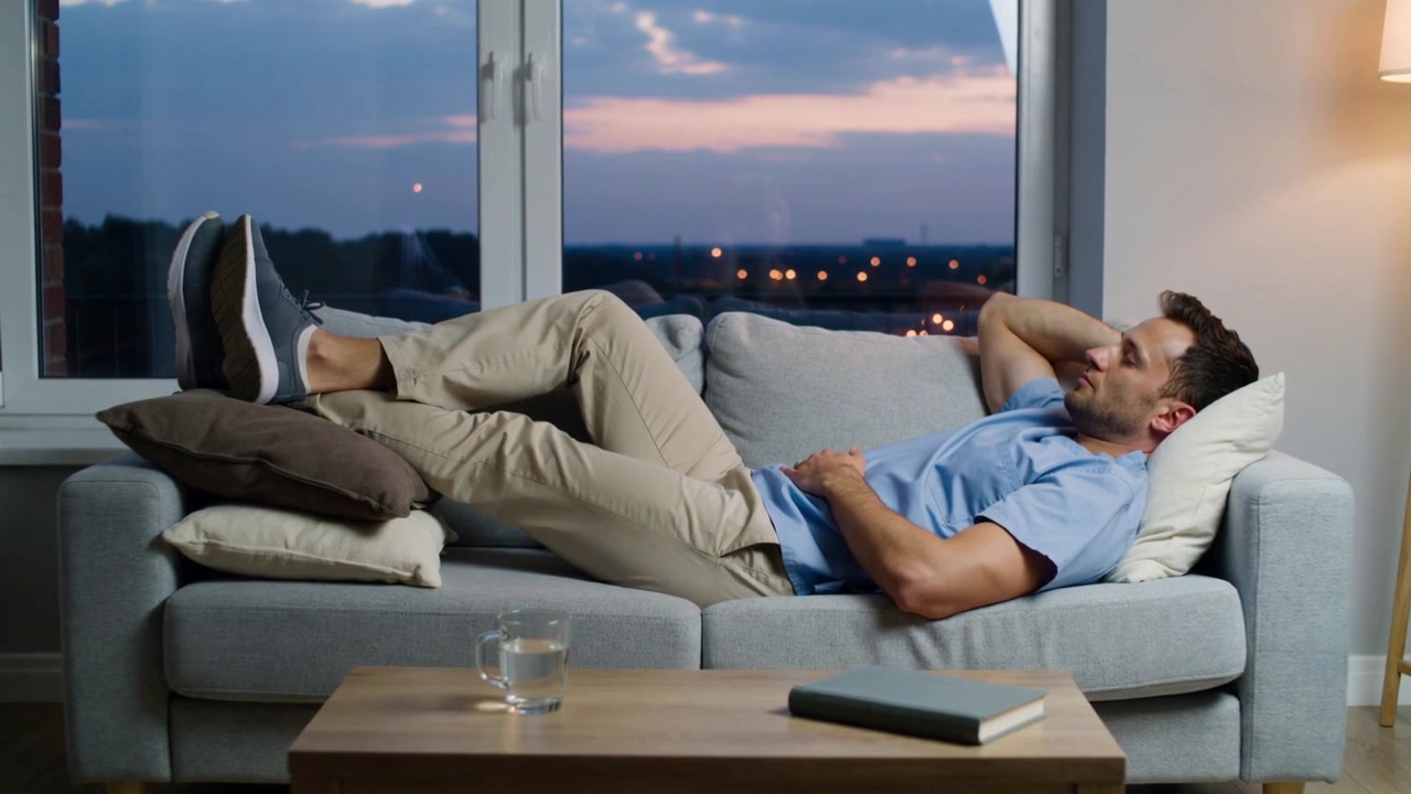 Uomo sdraiato con polo azzurra che si riposa dopo il lavoro sul divano al tramonto, con cuscini e un libro