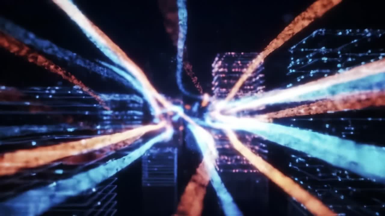 Dynamic Flow of Vibrant Colored Streams in a Digital Cityscape: A Visual Journey Through Light and Motion