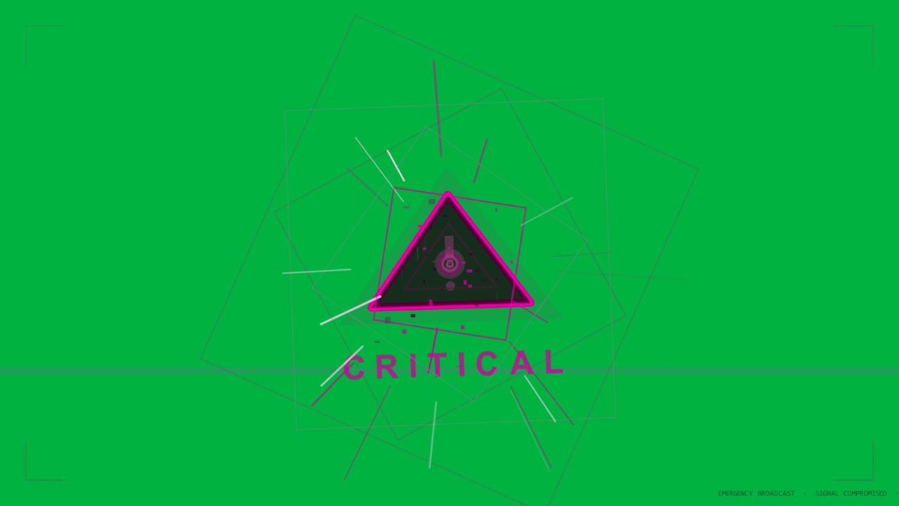 On power pulse magenta triangle pulsing shards flying squares spinning showing CRITICAL transparent