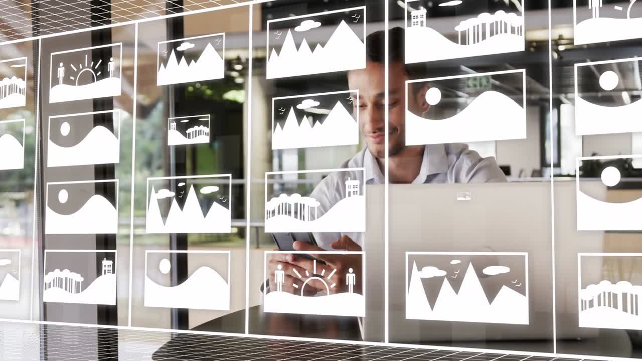 Man picking up phone, scrolling and starting binary turning into tiles for tech review on laptop