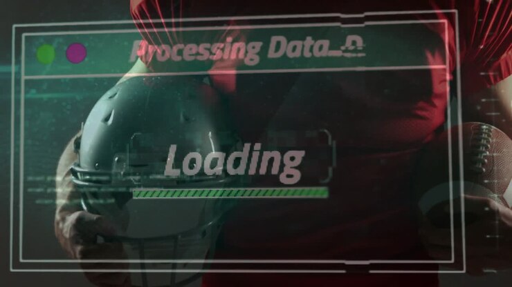 Male athlete lifting helmet as processing interface appearing with loading bar filling for analysis