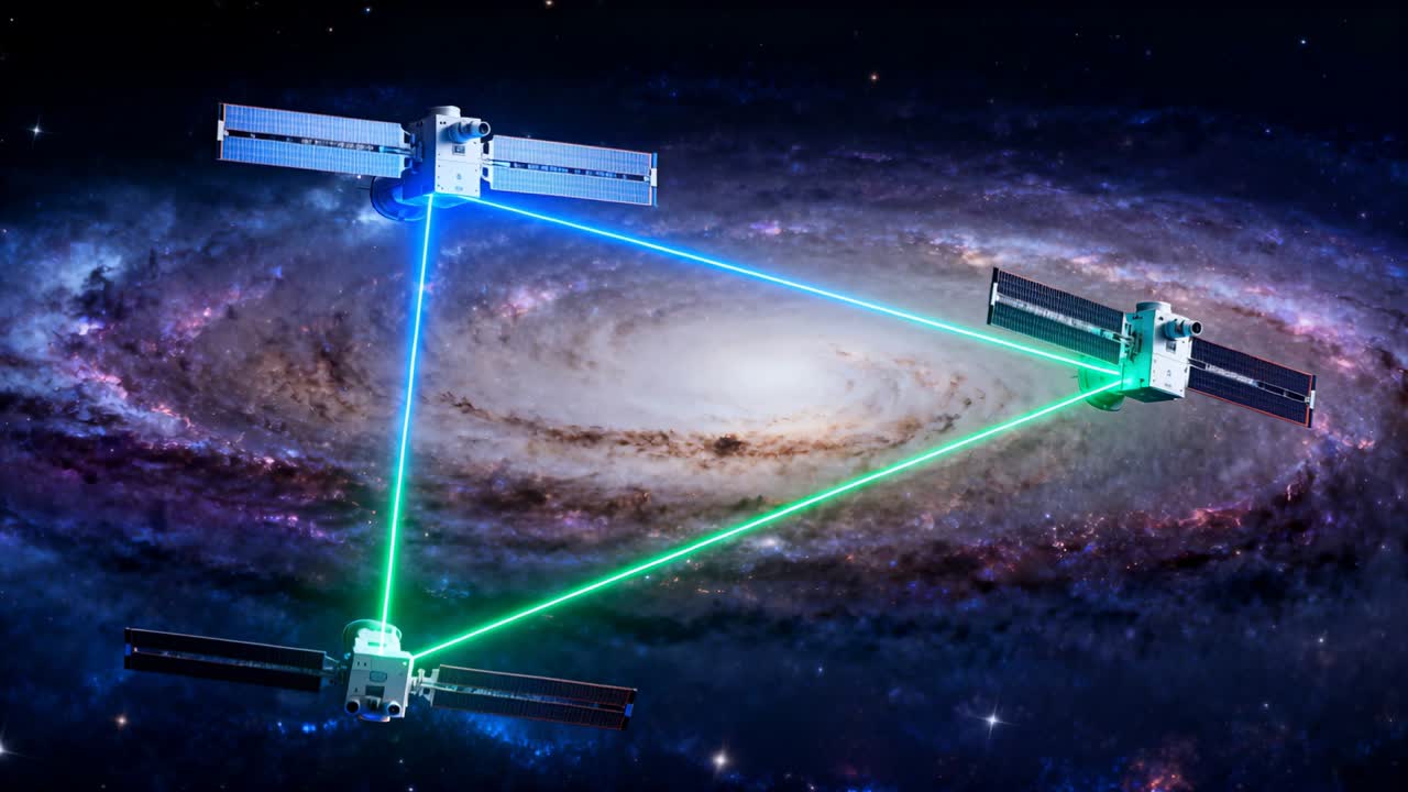Tre cubesats modtager synkroniseringskommando, forstærker blågrønne stråler, vipper paneler og optimerer satellitkommunikation.
