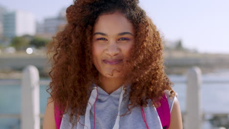 Black-woman,-travel-and-face-with-summer-at-beach