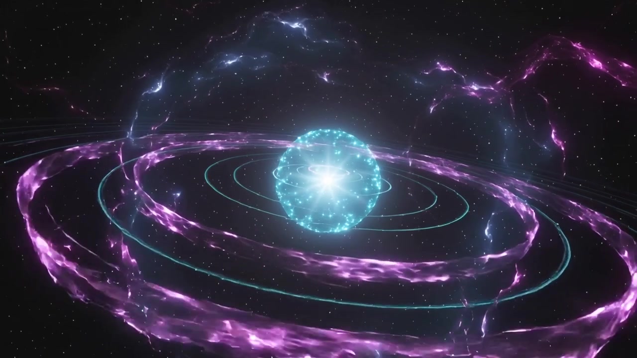 カメラが周回し、シアンの球体がマゼンタの環と稲妻の弧を、リングに囲まれた星空の中で放っている。