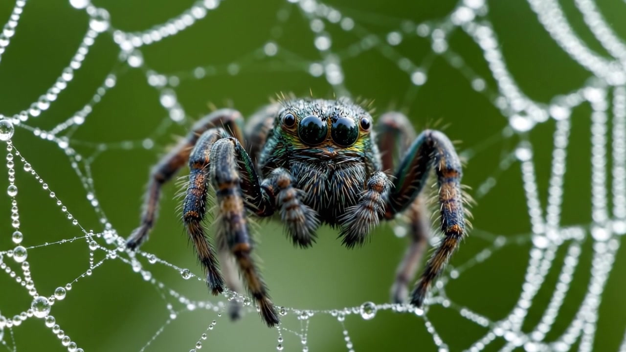 Un magnifico primo piano di un ragno posizionato in modo affascinante nella sua ragnatela, adornato di gocce di rugiada, che mette in mostra il design intricato della natura e la bellezza del sottovalutato mondo degli aracnidi.