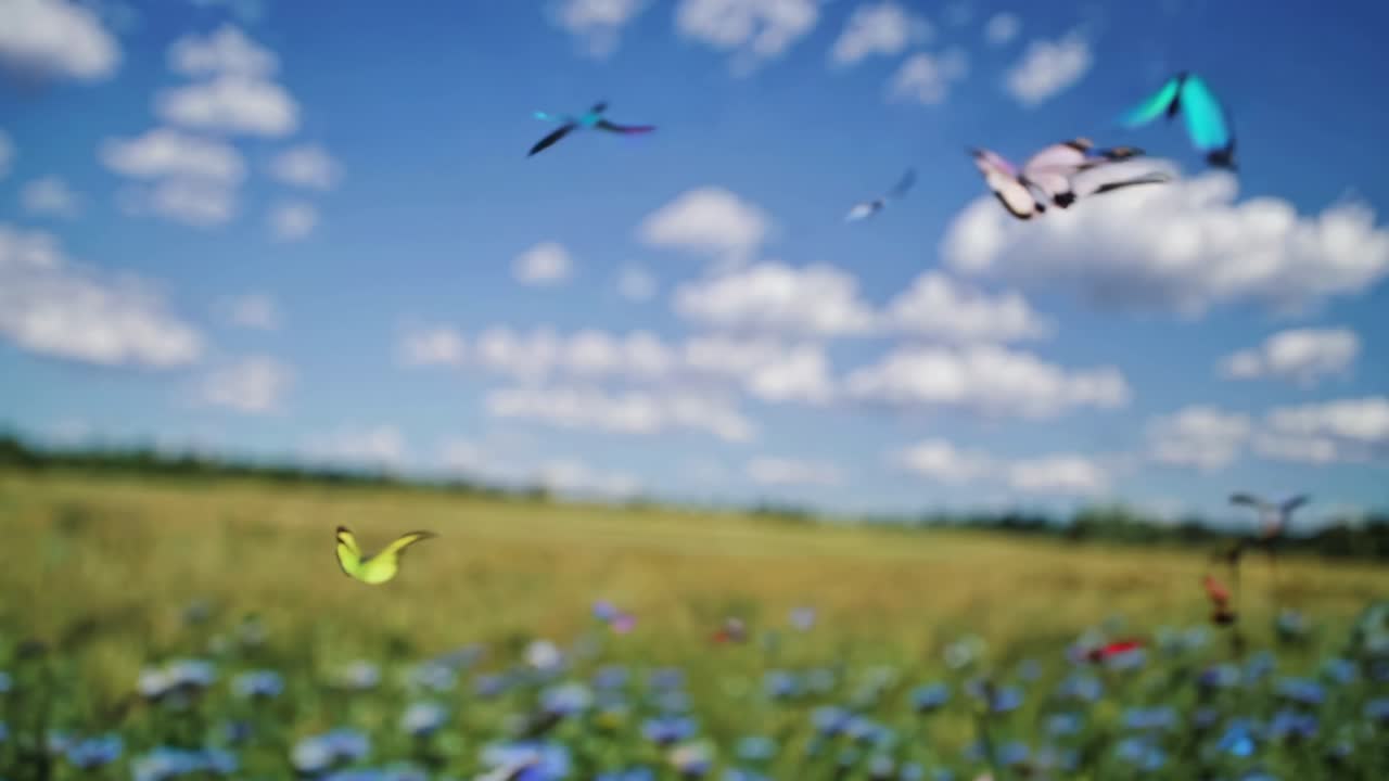 Vibrant butterflies flutter over a wildflower meadow. Low-angle video captures a dreamy, colorful