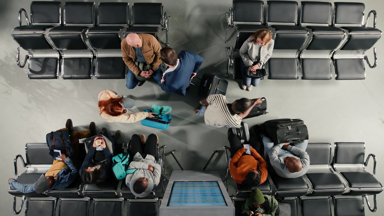 Travelers with trolleys in airport checking flight status information on screen