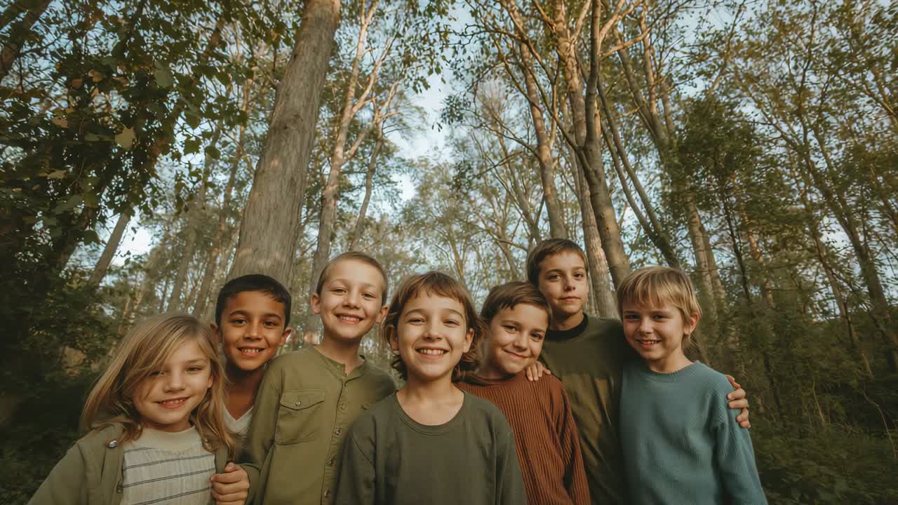 Camera pulling back, smiling seven kids posing for portrait in tall forest with sweaters and trunks