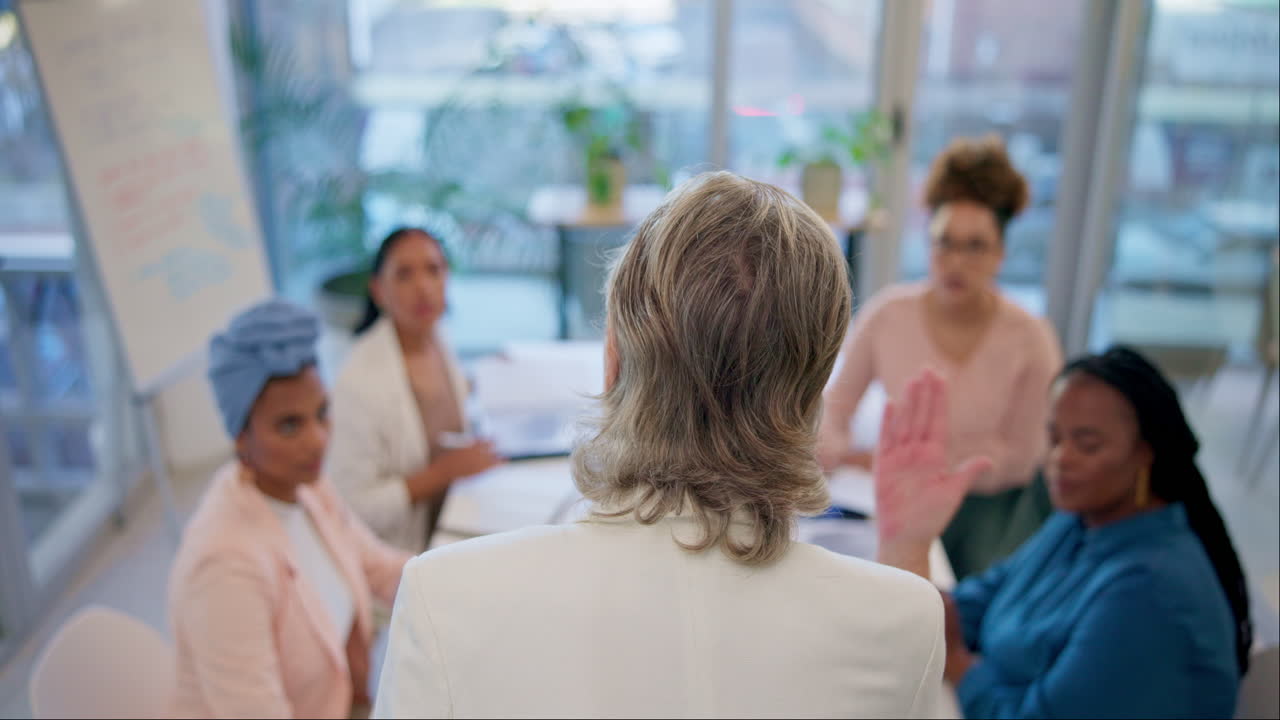 회의, 프레젠테이션 및 비즈니스 여성 사무실