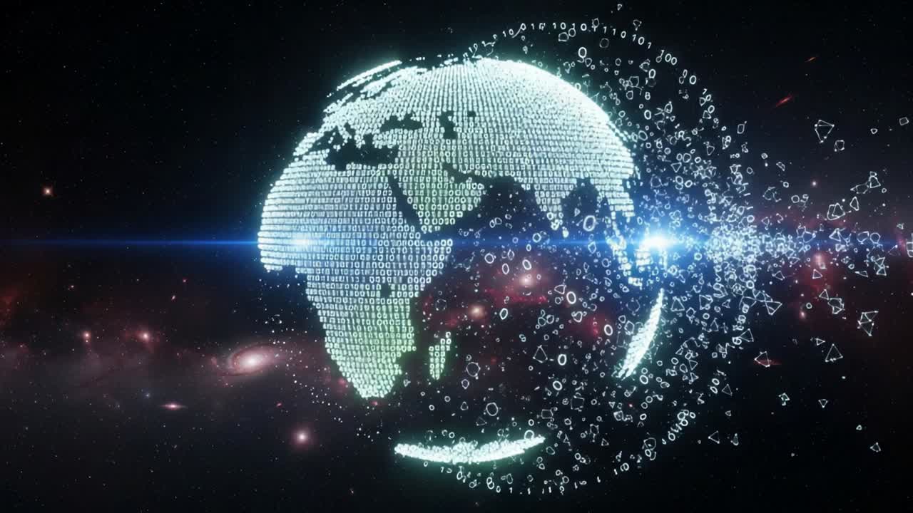 A Dynamic Visualization of the World Represented Through Digital Codes and Symbols, Showcasing the Intersection of Technology and Global Connectivity