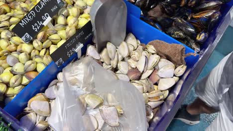 customer scoops clams into a plastic bag