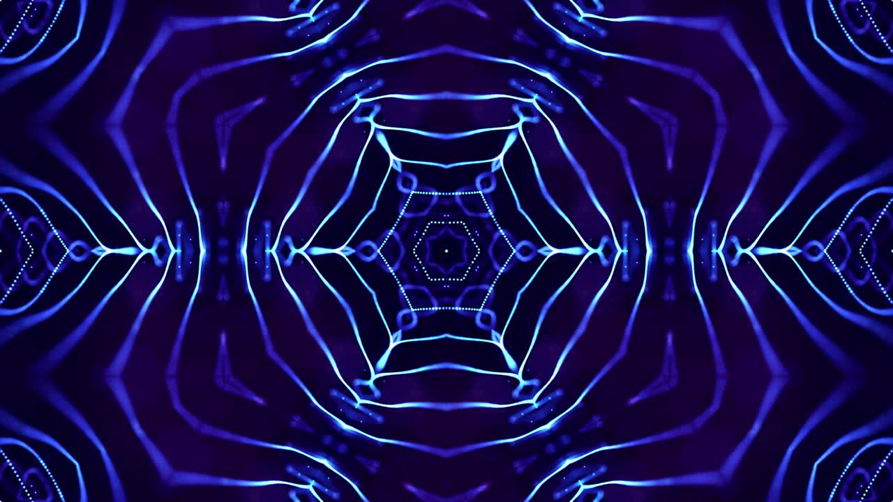 4k looped sci-fi 3d background with glow blue particles form lines, surfaces, complex symmetrical structures like star in kaleidoscope. Abstract theme of microworld or nanotechnology 31