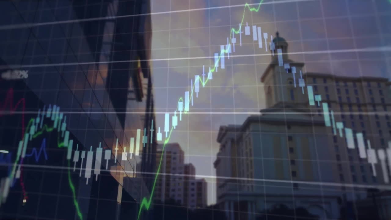 animación del procesamiento de datos financieros sobre el paisaje urbano