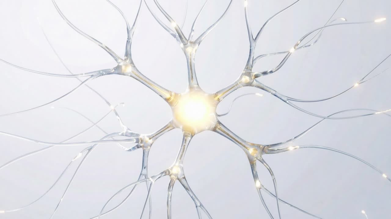 Glowing neuron cell sends electrical signal through branching dendrites and axon connections in motion