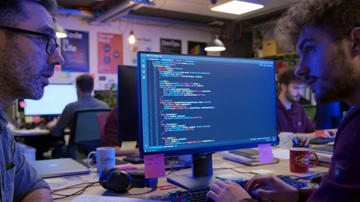 Modern AI-generated office scene of two men pair-programming at computer monitors in office, ideal for presentations, ads and online content