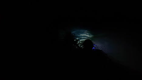 a silhouette of a scuba diver entering the water at night time using underwater torches