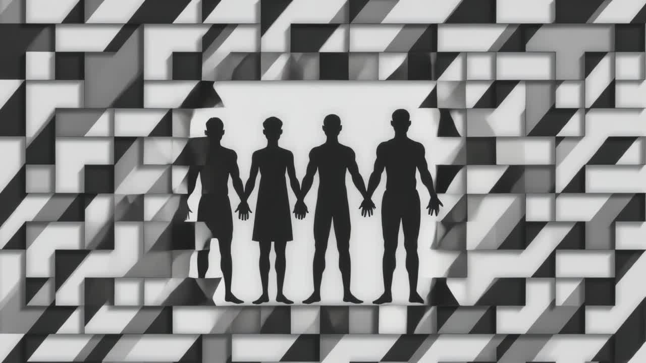 Appearing bright panel revealing silhouettes holding hands in geometric backdrop, symbolic unity
