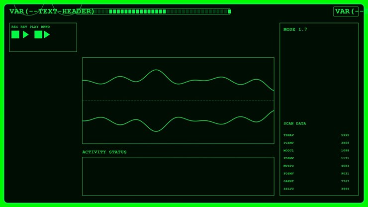Interfaccia digitale verde che mostra forme d'onda oscillanti e dati