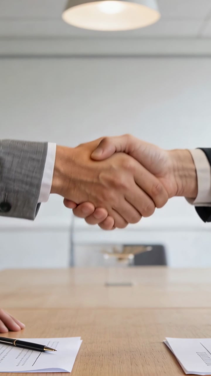 Vertical video: Sealing deal, two men in suits clasping hands over wood table, documents, pen