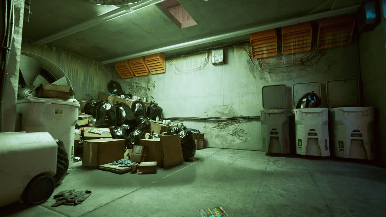 Neglected concrete chamber filled with debris and flickering lights