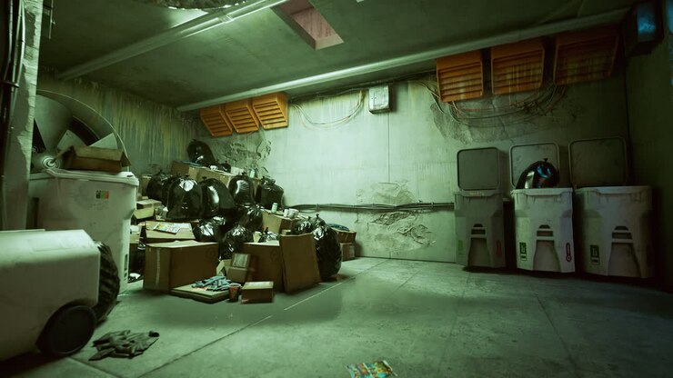 Neglected concrete chamber filled with debris and flickering lights
