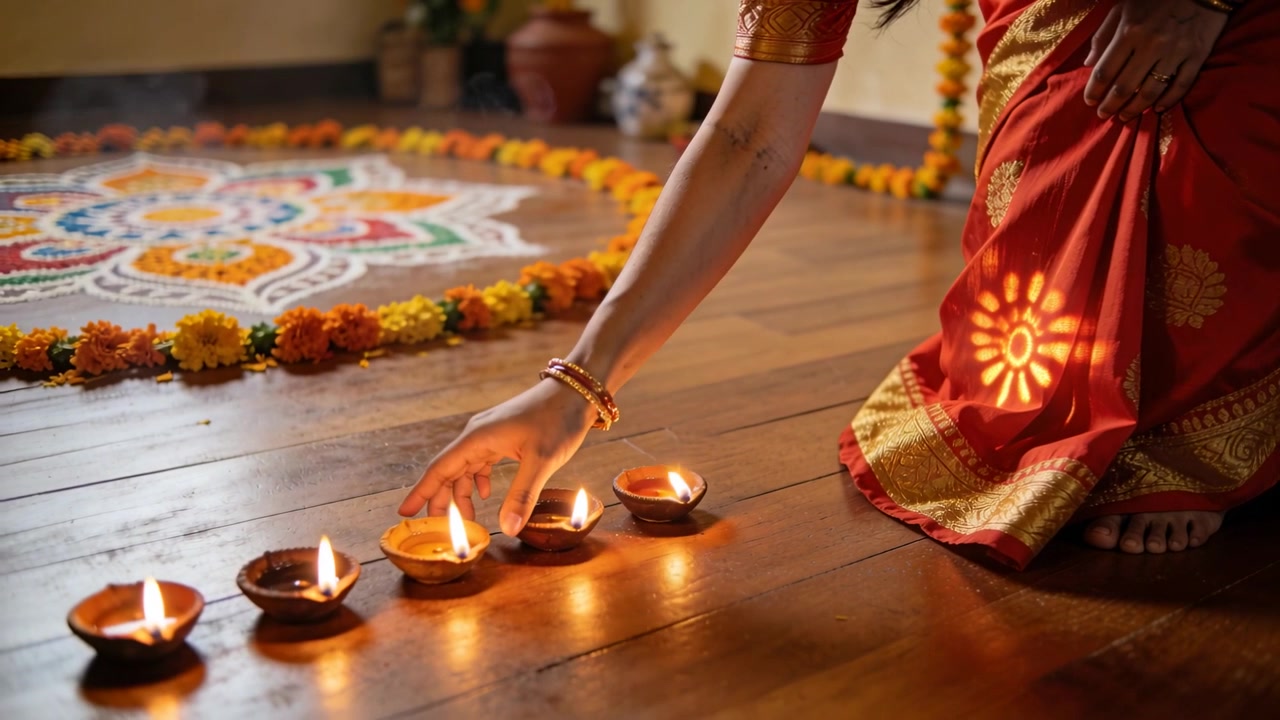 Reaching kneeling woman wearing red gold sari placing diyas for ritual beside rangoli, copy space